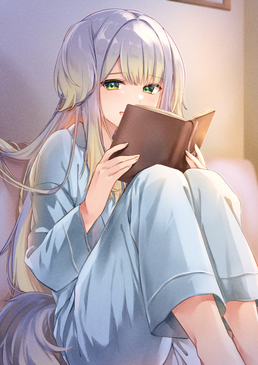 1girl animal_ears blonde_hair blue_pajamas blue_pants blue_shirt book bookmark choppy_bangs collared_pajamas collared_shirt commentary_request dog_ears dog_girl dog_tail feet_out_of_frame film_grain gradient_hair grey_hair hair_over_shoulder hair_spread_out highres holding holding_book indoors knees_up light_blush long_hair long_sidelocks long_sleeves looking_at_viewer multicolored_hair nijisanji open_book open_mouth pajamas pants reading shioriha_ruri shirt sidelocks sitting solo tail tojo_(natumi1412) very_long_hair virtual_youtuber yellow_eyes