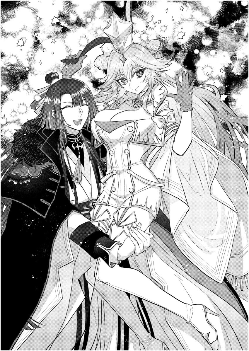 1boy 1girl animal_ear_fluff animal_ears breasts carrying carrying_person cleavage closed_eyes closed_mouth commentary couple double_bun fate/grand_order fate_(series) gloves greyscale hair_between_eyes hair_bun hat hetero high_heels highres koyanskaya_(assassin)_(third_ascension)_(fate) koyanskaya_(fate) large_breasts long_hair monochrome onikudaisuki_x open_mouth rabbit_ears sidelocks single_hair_bun smile taigong_wang_(fate) tamamo_(fate)