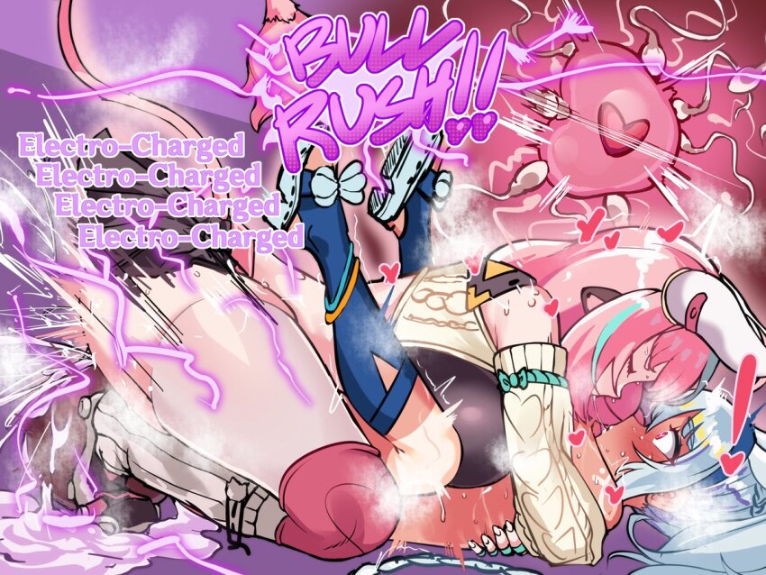 ! 1futa 1girl after_kiss animal_ears aqua_hair blue_hair blue_hairband cow_ears cow_girl cow_horns cow_tail cum cum_pool detached_sleeves electricity english_text fertilization from_side futa_with_female futanari genshin_impact girl_on_top hairband heart horns hug huge_testicles impregnation leg_warmers lying mualani_(genshin_impact) multicolored_hair on_back ovum pink_hair red_eyes saliva saliva_trail sex sirachi skindentation streaked_hair tail testicles varesa_(genshin_impact) white_leg_warmers