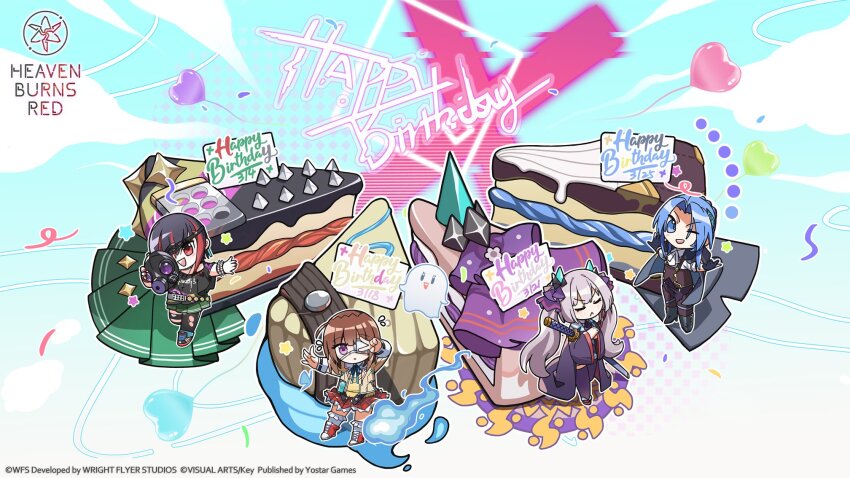 black_hair black_robe blue_eyes blue_fire blue_hair blunt_bangs brown_hair cake cake_slice chibi choker eyepatch fire food gas_mask gloves hanamura_shiki happy_birthday heaven_burns_red highres hiiragi_kozue horns jacket jacket_on_shoulders long_hair long_sleeves mask medium_hair mikoto_fubuki multicolored_hair multiple_girls off-shoulder_shirt off_shoulder official_art ogasawara_hisame one_eye_covered overalls parted_bangs plaid_clothes plaid_skirt ponytail purple_eyes red_hair red_skirt ribbon robe shirt short_hair sidelocks skirt streaked_hair suspenders twintails white_hair white_shirt yellow_eyes yostar