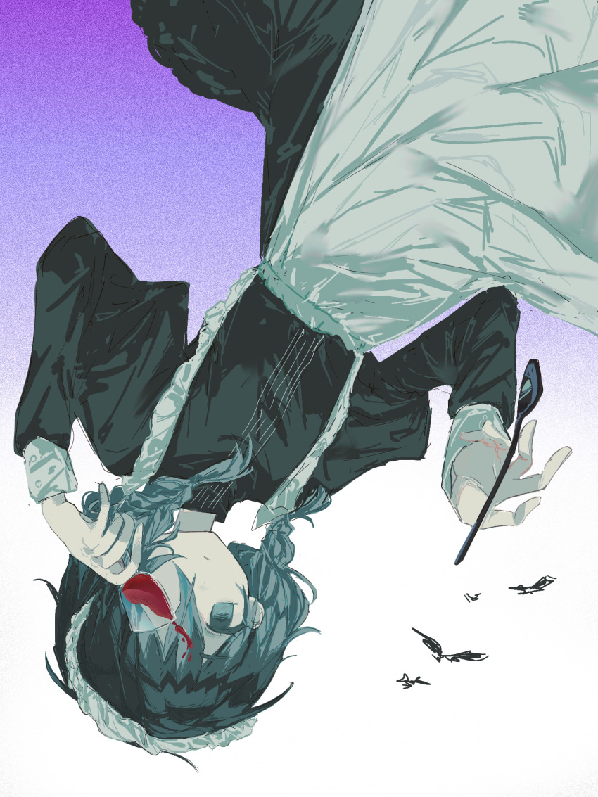 1girl alcohol alternate_costume apron black_dress black_hair blue_eyes blue_hair braid chinese_commentary closed_mouth commentary_request covering_one_eye cup dress drinking_glass enmaided expressionless gradient_background gradient_hair hatsune_miku highres holding holding_cup holding_spoon jibun_dake_ga_shinjirarenai juliet_sleeves long_sleeves looking_at_viewer low_twin_braids maid medium_hair multicolored_hair puffy_sleeves purple_background saji_no_majinai_(vocaloid) solo spilling spoon twin_braids upside-down vocaloid waist_apron white_apron white_background wine wine_glass
