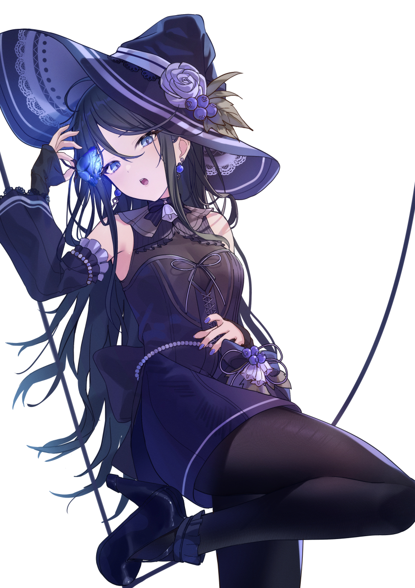1girl absurdres arm_up bare_shoulders black_dress black_hair black_hat black_pantyhose blue_eyes boots breasts bug butterfly cleavage detached_sleeves dress hat high_heel_boots high_heels highres hoshino_ichika_(project_sekai) insect long_sleeves nail_polish open_mouth pantyhose project_sekai see-through_cleavage see-through_clothes sleeveless sleeveless_dress small_breasts solo timmoo witch_hat