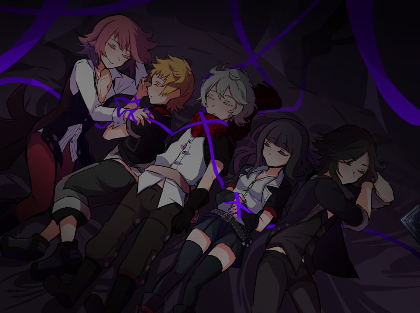 1girl 4boys absurdres belt black_hair black_thighhighs blonde_hair blunt_bangs book boots brain_(kingdom_hearts) capri_pants commentary_request ephemer_(kingdom_hearts) eyelashes fingerless_gloves gloves highres jacket kingdom_hearts kingdom_hearts_x lauriam long_hair lying mayako_(pixiv59055065) midriff multiple_boys nail_polish on_back on_ground on_side open_clothes open_shirt pants pink_hair pleated_skirt ribbon scarf skirt skuld_(kingdom_hearts) sleeping smile thighhighs ventus_(kingdom_hearts) white_hair zettai_ryouiki