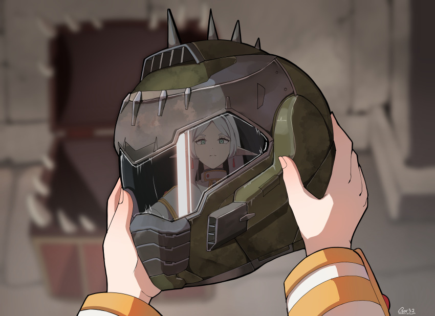 1girl absurdres blurry blurry_background capelet commentary doom:_the_dark_ages doom_(series) doomguy earrings elf floating_earring frieren gar32 helm helmet highres holding holding_helmet jewelry looking_at_object mimic mimic_chest parted_bangs pointy_ears pov reflection solo sousou_no_frieren teardrop_earrings twintails white_capelet