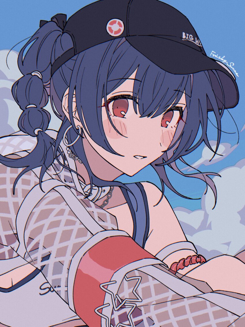 1girl bare_shoulders baseball_cap black_hat blue_hair blue_sky blush_stickers braid braided_ponytail cloud cloudy_sky collarbone commentary day earrings hair_between_eyes half_updo hat highres idolmaster idolmaster_shiny_colors jacket jewelry long_hair looking_at_viewer morino_rinze niyororinpayamaru off_shoulder open_mouth outdoors red_eyes see-through_clothes see-through_sleeves sidelocks signature sky solo symbol-only_commentary tank_top teeth upper_body white_jacket white_tank_top