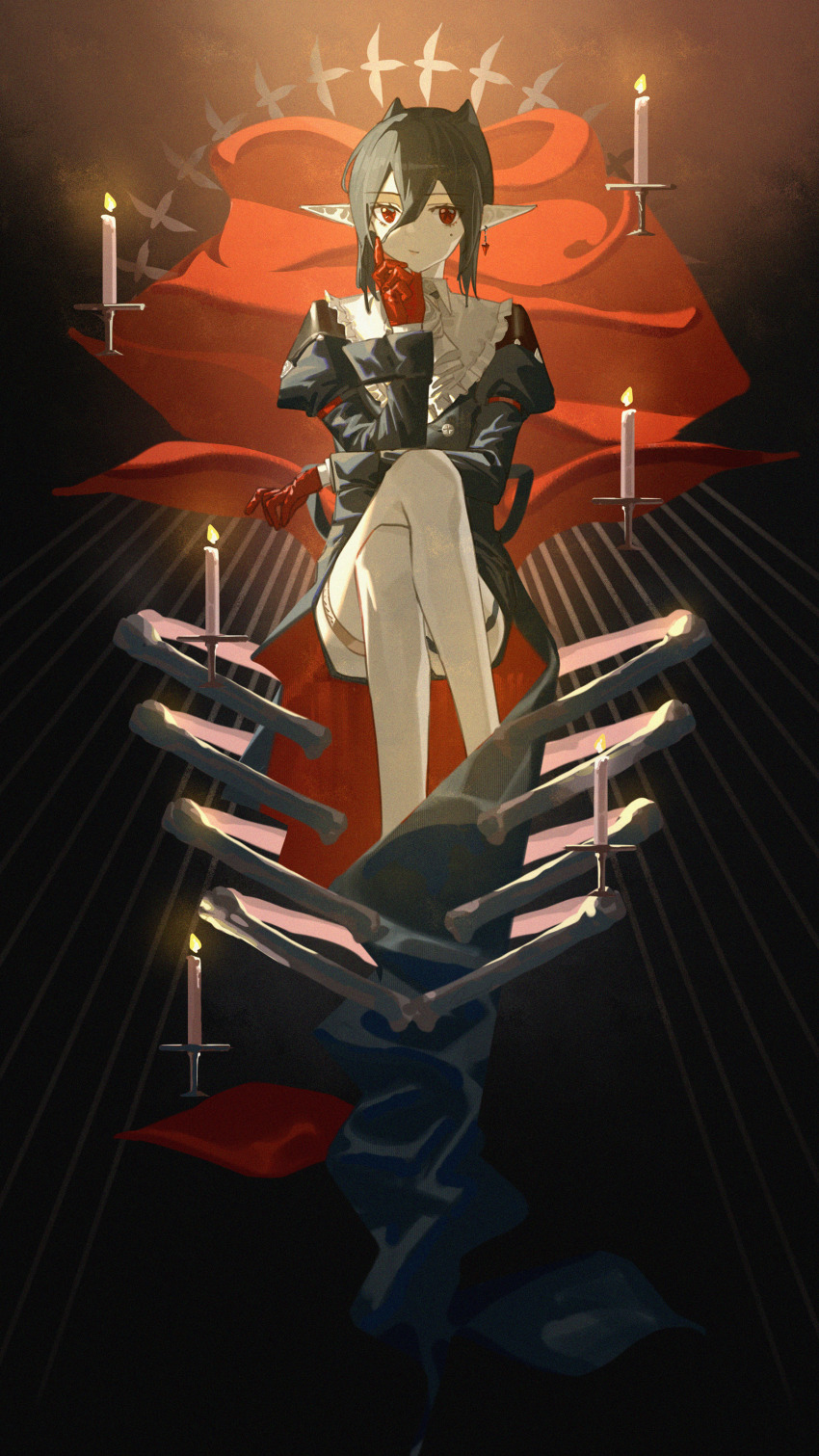 1girl absurdres arknights black_dress black_hair bone candle chinese_commentary closed_mouth collar commentary_request crossed_legs dress earrings entelechia_(arknights) frilled_collar frills full_body gloves highres jewelry lanzi_(415460661) long_sleeves looking_at_viewer medium_hair mole mole_under_eye pointy_ears puffy_sleeves red_eyes red_gloves sitting thigh_gap thigh_strap thighs vampire white_collar