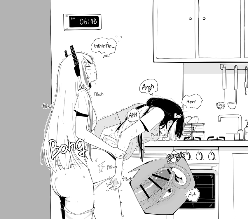 1futa 1girl bar_censor bent_over blush cabinet censored closed_eyes closed_mouth cross-section cum cum_in_pussy dishes ejaculation faucet female_orgasm flying_sweatdrops from_side futa_with_female futanari girls&#039;_frontline greyscale headgear holding_another&#039;s_wrist huqu indoors internal_cumshot ladle long_hair low_twintails m4_sopmod_ii_(girls&#039;_frontline) monochrome multicolored_hair orgasm oven panties panty_pull penis ro635_(girls&#039;_frontline) sex sex_from_behind shirt short_sleeves sink standing standing_sex streaked_hair timestamp torogao twintails underwear urethra uterus
