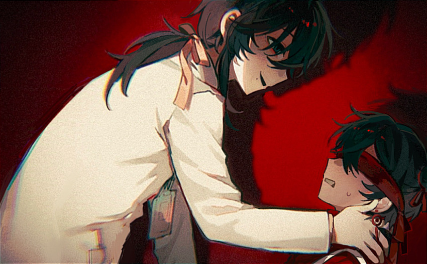 1boy 1girl black_eyes black_hair blindfold chinese_commentary chromatic_aberration clenched_teeth commentary_request earrings empty_eyes film_grain from_side hair_ribbon hand_on_another&#039;s_shoulder jewelry lab_coat lanyard li_yuting_(female) long_hair long_sleeves low_ponytail mo_chengwei mole mole_under_mouth open_mouth orange_ribbon ponytail red_background red_blindfold red_ribbon ribbon rice_(somasuki_77) smile sweat teeth touqi_guaitan