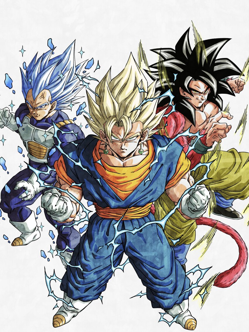 abs absurdres black_hair body_fur dragon_ball dragon_ball_gt dragon_ball_super dragon_ball_z_dokkan_battle dragonball_z earrings gloves highres hiro_(udkod1ezlyi2flo) jewelry looking_at_viewer male_focus monkey_boy monkey_tail multiple_boys muscular muscular_male pants pectorals potara_earrings red_fur saiyan smile son_goku spiked_hair super_saiyan super_saiyan_1 super_saiyan_4 super_saiyan_blue_evolved tail vegeta vegetto