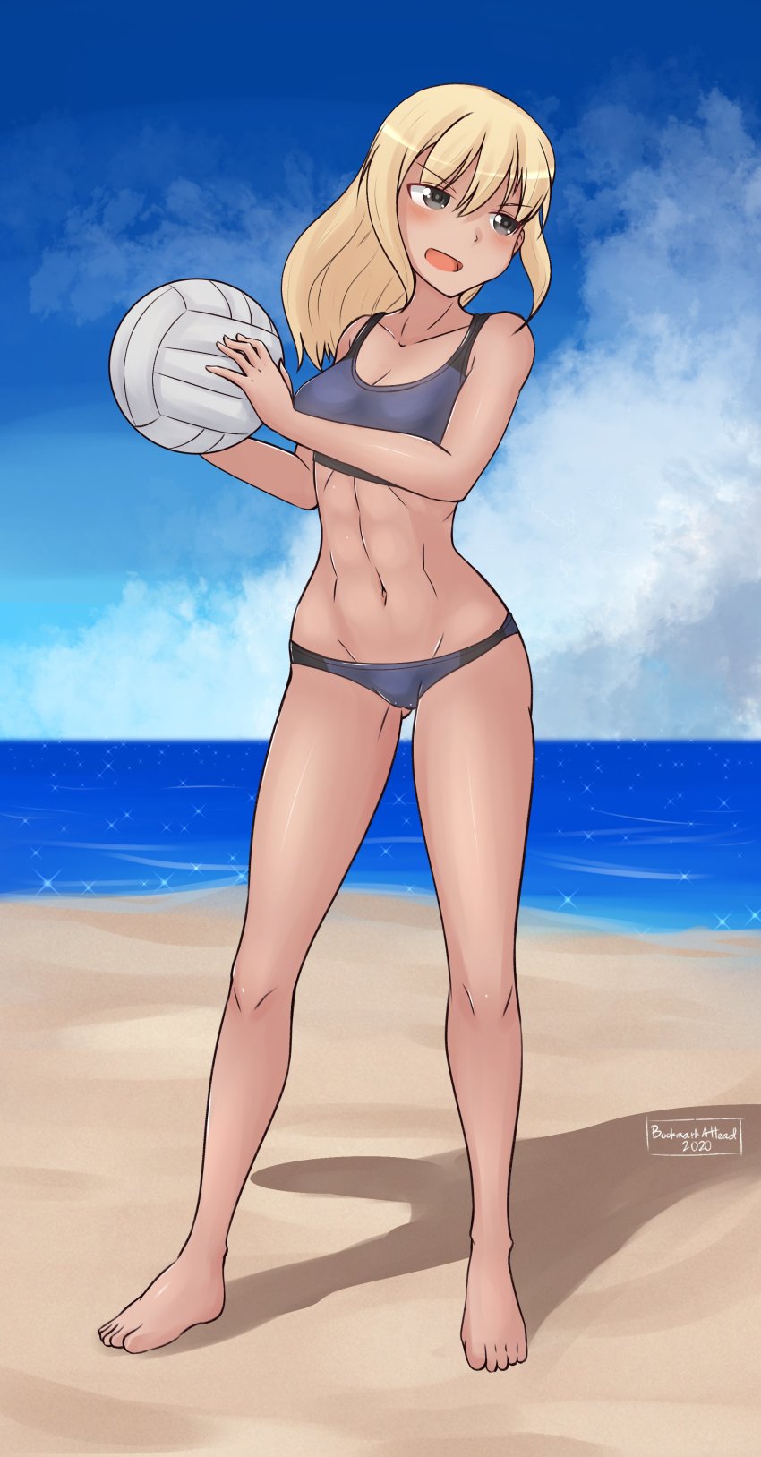 1girl 2020 abs absurdres artist_name beach_volleyball bikini black_eyes blonde_hair blue_sky bookmarkahead breasts cleavage cloud dated gluteal_fold groin_tendon highres horizon marian_e._carl navel noble_witches ocean sand shadow sky solo swimsuit world_witches_series