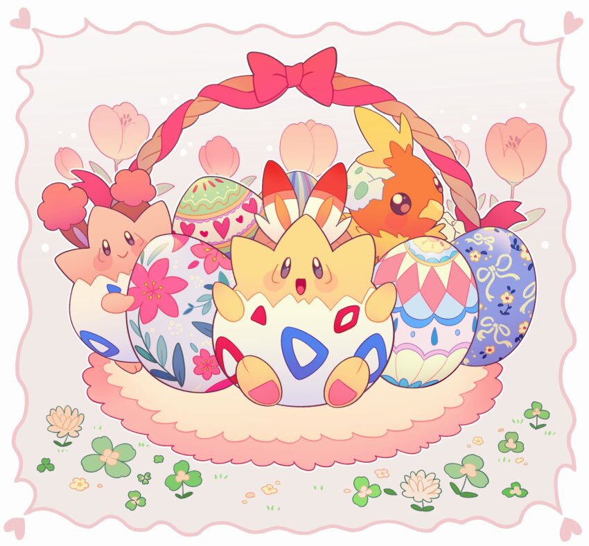 :d blush_stickers bow buneary clover commentary easter easter_egg egg flower gen_2_pokemon gen_3_pokemon gen_4_pokemon gen_8_pokemon happy highres looking_at_viewer nintendo no_humans open_mouth pink_bow pink_flower pokemon pokemon_(creature) pokemon_focus scorbunny selyg15 smile togepi torchic