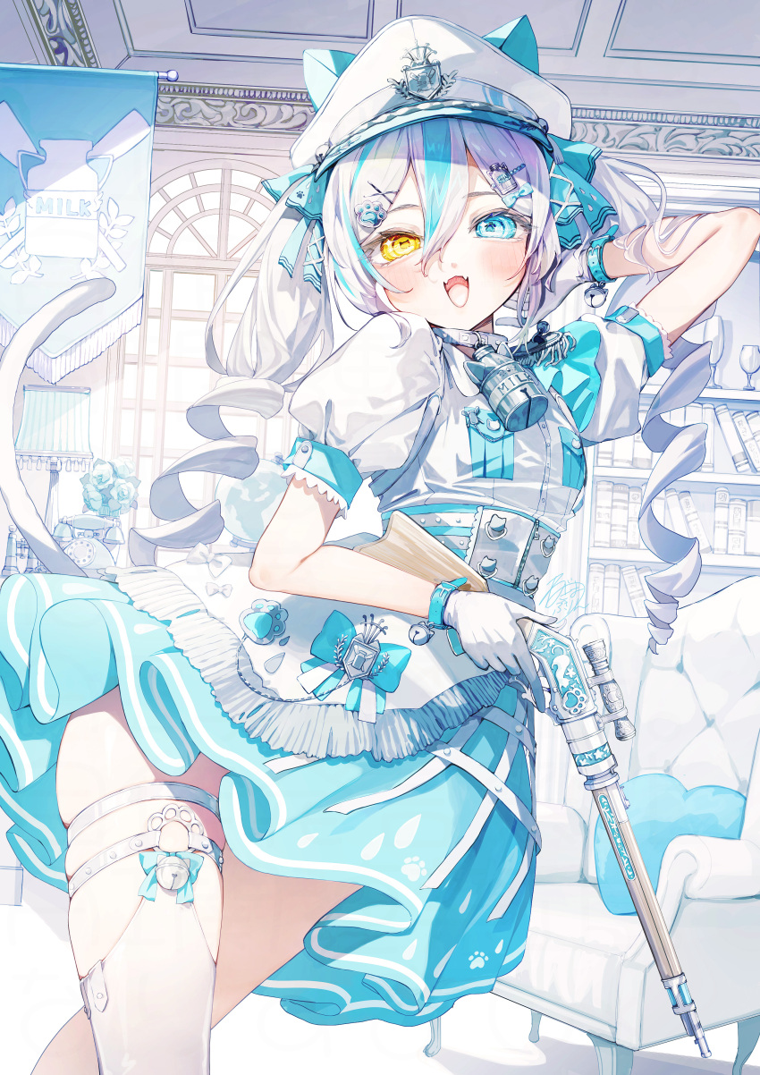 1girl absurdres adjusting_hair animal_collar animal_ears animal_hat antique_phone banner battle_standard bell belt_collar binoculars blue_eyes blue_hair blue_skirt blush bookshelf bottle_hair_ornament bow cat_ears cat_girl cat_tail collar commentary_request corset couch cowboy_shot crossed_legs cup double-parted_bangs dress_shirt drill_hair drinking_glass fang flat_chest floor_lamp gloves gun hair_between_eyes hair_bow hair_ornament hat heterochromia highres holding holding_gun holding_weapon indoors jingle_bell lamp layered_skirt long_bangs long_hair looking_at_viewer multicolored_hair negimapurinn o-ring o-ring_thigh_strap open_mouth original paw_hair_ornament paw_print peaked_cap pillow plant pleated_skirt potted_plant puffy_short_sleeves puffy_sleeves shirt short_sleeves single_thighhigh skin_fang skindentation skirt smile solo streaked_hair tail thigh_strap thighhighs twin_drills twintails war_banner weapon white_gloves white_hair white_hat white_shirt white_thighhighs window wrist_belt x_hair_ornament yellow_eyes