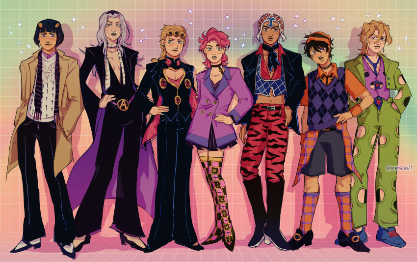 2girls 5boys absurdres adapted_costume alternate_costume ascot belt black_hair black_lips blonde_hair blue_eyes bob_cut braid breasts bruno_bucciarati choker cleavage clothing_cutout earrings eyefoes genderswap genderswap_(mtf) giorno_giovanna goth_fashion green_eyes guido_mista hair_ornament hairband hat highres jacket jewelry jojo_no_kimyou_na_bouken ladybug_ornament leone_abbacchio long_hair midriff multiple_boys multiple_girls narancia_ghirga necktie pannacotta_fugo pants scarf shirt short_hair shorts smile sweater_vest trish_una vento_aureo victory_rolls
