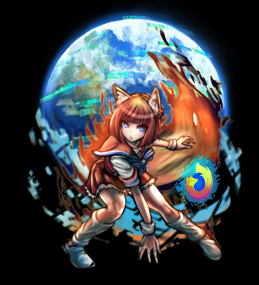1girl absurdres animal_ears black_background blue_eyes danganronpa_(series) earth_(planet) female_focus fire firefox_(merryweather) fox_ears fox_tail full_body gradient_hair highres internet_explorer_(webcomic) komatsuzaki_rui_(style) looking_at_viewer minster_(dooke) mozilla_firefox multicolored_hair open_mouth orange_hair parody parted_lips personification planet sailor_collar short_hair simple_background socks solo style_parody tail teeth