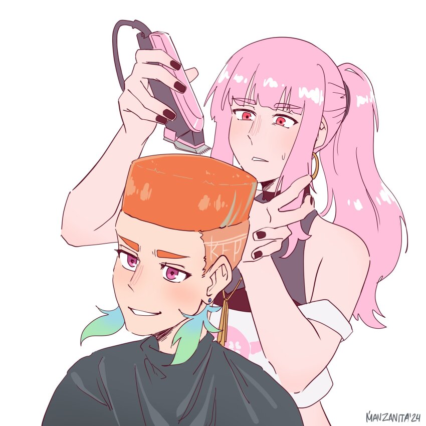 2girls alternate_costume alternate_hairstyle barber barber_cape breasts choso_giving_toudou_a_haircut_(meme) crmanzana crop_top cutting_hair earrings electric_razor fade_(haircut) feather_earrings feathers fishnet_top fishnets flattop gradient_hair green_hair hair_clipper halter_shirt halterneck highres hololive hololive_english hoop_earrings jewelry kfp long_hair meme mori_calliope mori_calliope_(streetwear) multicolored_hair multiple_girls official_alternate_costume open_mouth orange_hair pink_hair purple_eyes razor simple_background skull_and_crossbones skull_print smile takanashi_kiara tall_hair virtual_youtuber wave_(hairstyle) white_background