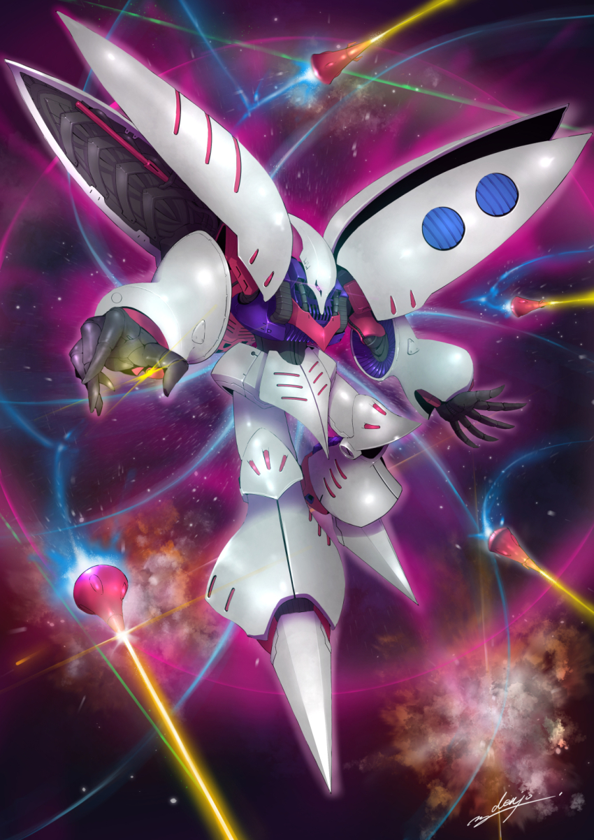 commentary_request denjyou23 funnels_(gundam) gundam highres mecha mecha_focus mobile_suit neo_zeon no_humans qubeley robot science_fiction solo space star_(sky) zeta_gundam zeta_gundam_define