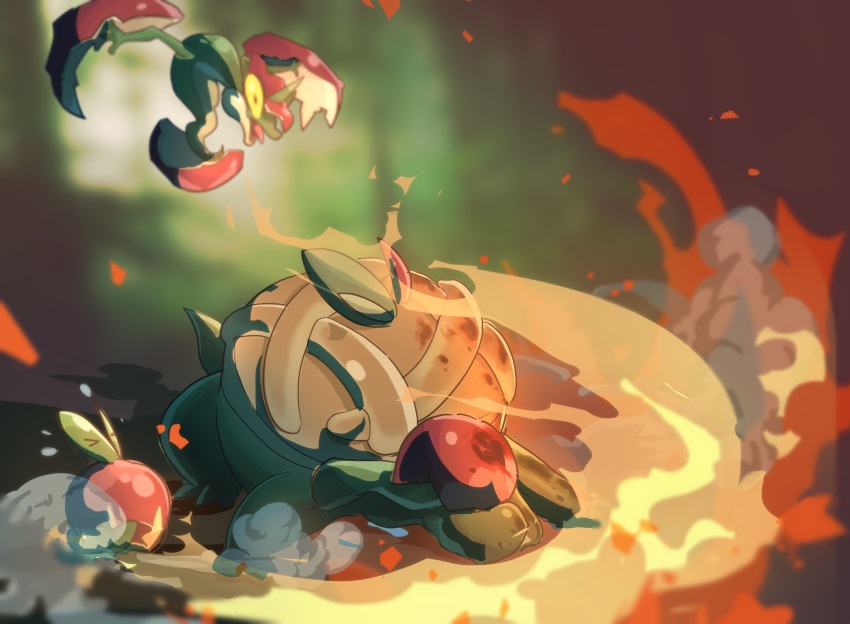 &gt;_&lt; absurdres appletun applin blurry closed_mouth commentary_request depth_of_field evolutionary_line fire flapple flying game_freak gen_8_pokemon highres nikkado nintendo no_humans open_mouth pokemon pokemon_(creature) smoke tongue