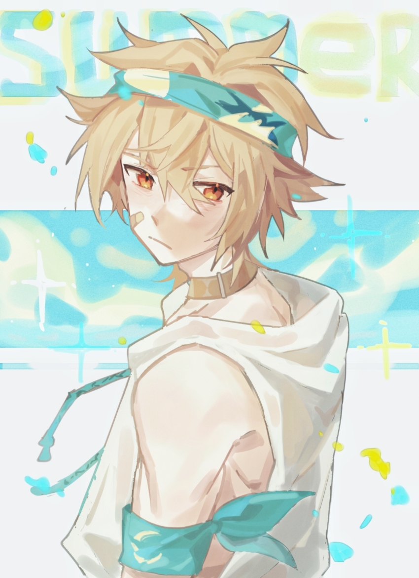 1boy :/ absurdres aqua_armband aqua_headband armband bandaid bandaid_on_cheek bandaid_on_face blonde_hair brown_choker chinese_commentary choker closed_mouth commentary_request drawstring english_text fuli_chicken_(the_tale_of_food) hair_between_eyes highres jacket looking_at_viewer male_focus red_eyes short_hair sleeveless sleeveless_jacket solo the_tale_of_food tie_fei_wu_mang_dashuai upper_body white_jacket