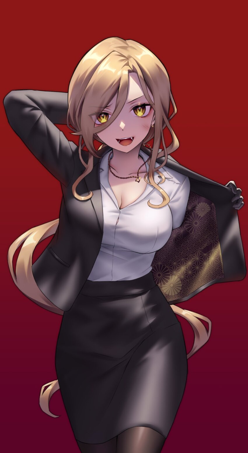 1girl :d arm_behind_head black_gloves black_skirt blonde_hair breasts brown_pantyhose cleavage collared_shirt cowboy_shot dress_shirt fang gloves gold_necklace hair_between_eyes highres jacket jewelry large_breasts long_hair long_sleeves looking_at_viewer low_ponytail necklace neit_ni_sei nijisanji nui_sociere nui_sociere_(9th_costume) open_clothes open_jacket open_mouth pantyhose pencil_skirt ponytail print_jacket red_background shirt skirt smile solo v-shaped_eyebrows very_long_hair virtual_youtuber white_shirt yellow_eyes
