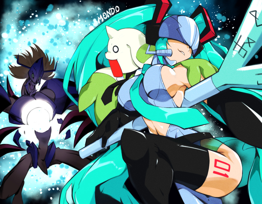 1girl bare_shoulders black_thighhighs breasts clothing_cutout commentary cosplay covered_eyes diablomon digimon digimon_(creature) english_commentary green_hair hatsune_miku hatsune_miku_(cosplay) helmet helmet_over_eyes horns large_breasts number_tattoo sideboob single_horn spring_onion stomach_cutout supermondobeat tattoo terriermon_assistant thighhighs twintails vocaloid