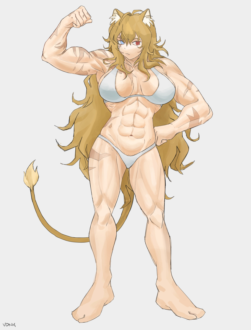 19vodnik 1girl abs absurdres blue_eyes breasts cat_girl cat_tail cleavage heterochromia highres large_breasts lion_girl lion_tail long_hair looking_to_the_side muscular muscular_female original red_eyes scar signature solo tail