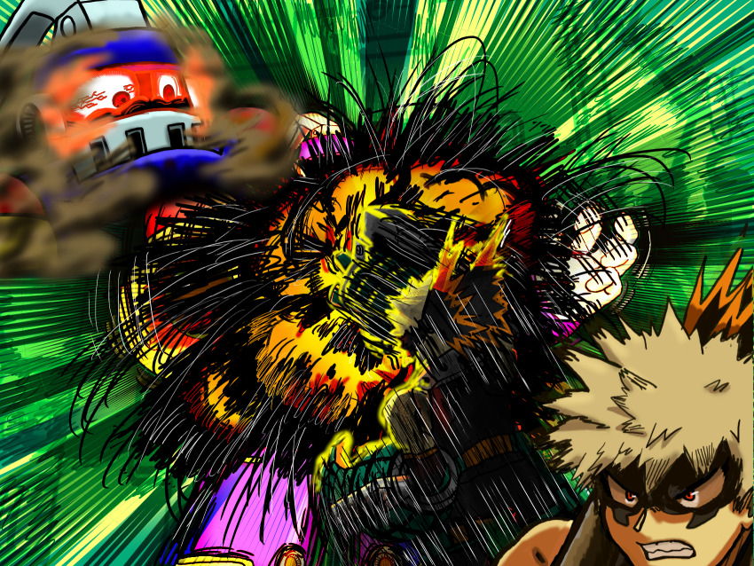 2boys angry bakugou_katsuki boku_no_hero_academia explosion grenade_man helmet highres mask multiple_boys red_eyes robot mega_man_(series) mega_man_(classic) mega_man_8