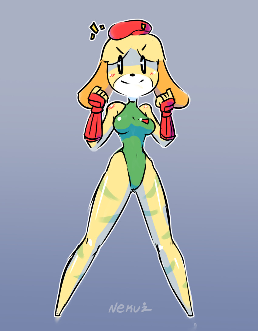 1girl animal_crossing animal_ears artist_name bare_shoulders barefoot beret black_eyes blonde_hair blush bodypaint breasts cammy_white cammy_white_(cosplay) clenched_hands closed_mouth cosplay covered_navel crossover dog_ears dog_girl female_focus fingerless_gloves full_body furry furry_female gloves gluteal_fold gradient_background green_leotard grey_background hands_up happy hat highres isabelle_(animal_crossing) legs_apart leotard light_blush looking_at_viewer medium_breasts neku_zx nintendo outline red_gloves red_hat shiny_clothes shiny_skin short_hair signature simple_background smile solo standing street_fighter white_outline