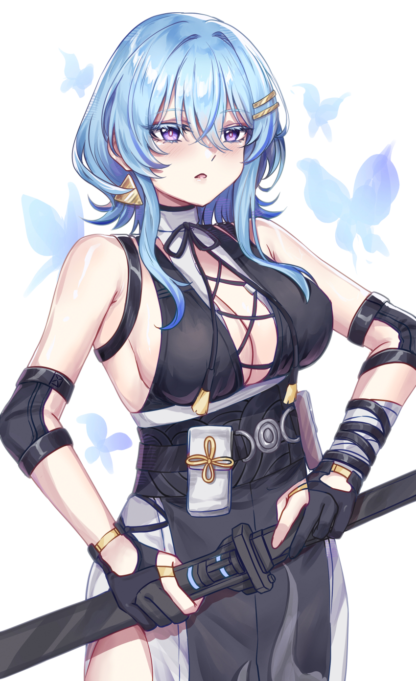 1girl absurdres bandaged_arm bandages bare_shoulders black_dress black_gloves blue_butterfly blue_hair blush breasts bug butterfly colored_eyelashes commentary cosplay cowboy_shot cross-laced_clothes cross-laced_dress dress earrings elbow_pads english_commentary female_rover_(wuthering_waves) female_rover_(wuthering_waves)_(cosplay) flareza gloves hair_between_eyes hair_ornament hairclip highres holding holding_sword holding_weapon insect jewelry large_breasts long_hair looking_at_viewer parallel_hairclips parted_lips partially_fingerless_gloves purple_eyes rover_(wuthering_waves) scabbard sheath sheathed shorekeeper_(wuthering_waves) sleeveless sleeveless_dress solo sword triangle_earrings weapon white_background wuthering_waves
