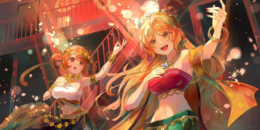 2girls alternate_costume alternate_hairstyle blonde_hair clothing_request dancing earrings game_cg green_nails green_skirt hair_rings hat heart heart_earrings highres indoors jewelry long_hair matara_okina midriff mini_hat mismatched_earrings multiple_girls navel nazuna_(nazuna_su) necklace official_art open_mouth red_nails red_tube_top skirt smile son_biten strapless teeth third-party_source touhou touhou_lostword tube_top upper_teeth_only very_long_hair white_tube_top yellow_eyes