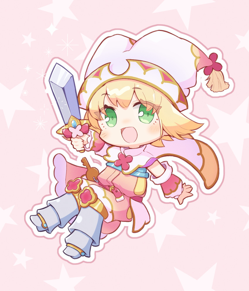 1girl amitie_(puyopuyo) armor belt brooch cape chibi chibi_only double-parted_bangs eyes_visible_through_hair flipped_hair flower flower_brooch full_body green_eyes grey_footwear hand_up happy hat hat_tassel highres holding holding_sword holding_weapon invisible_chair jazz_grace jester_cap jewelry kneehighs knees_apart_feet_together light_blush looking_at_viewer no_nose open_hand open_mouth pink_background pink_belt pink_flower pink_shirt pink_shorts puyopuyo puyopuyo_quest shirt short_hair shorts sideways_glance sitting sleeveless sleeveless_shirt socks solo split_mouth star_(symbol) star_symbol_background sword weapon white_cape white_hat