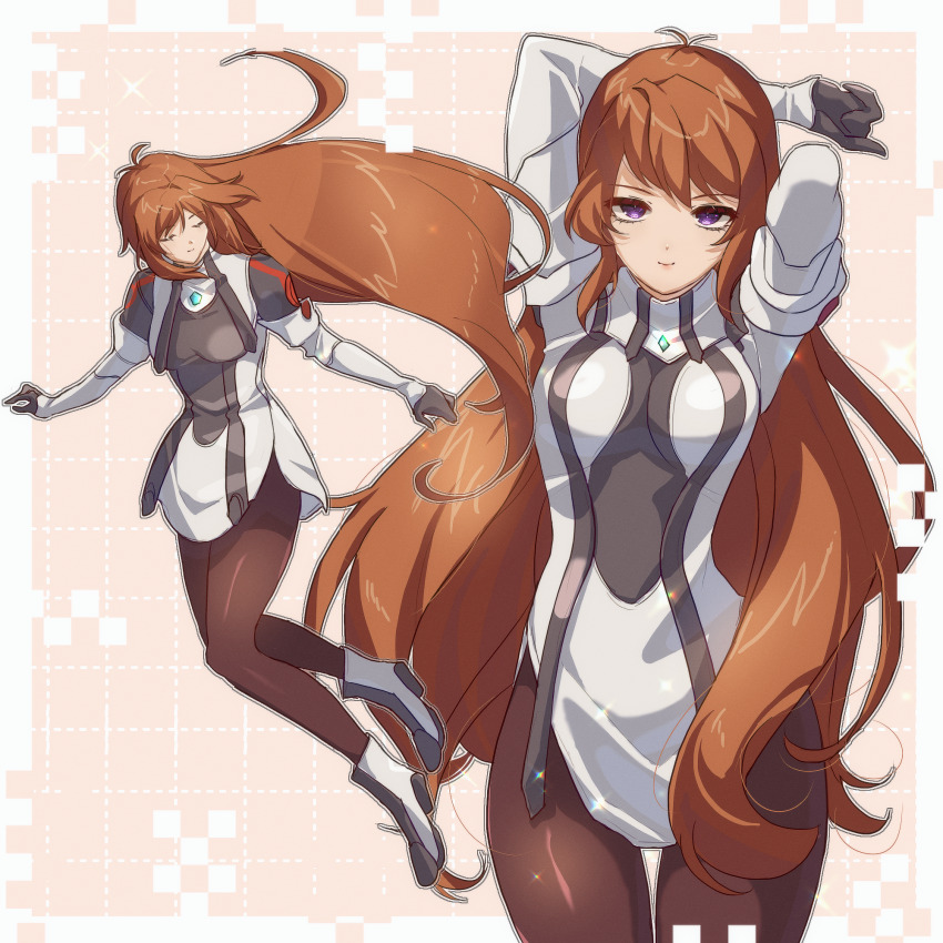 1girl arms_behind_back black_gloves border breasts brown_background closed_mouth commentary_request dress elhaym_van_houten gloves highres large_breasts long_hair looking_at_viewer multiple_views orange_hair outline outside_border pantyhose purple_eyes short_dress smile very_long_hair white_border white_dress white_outline xenogears zer00han