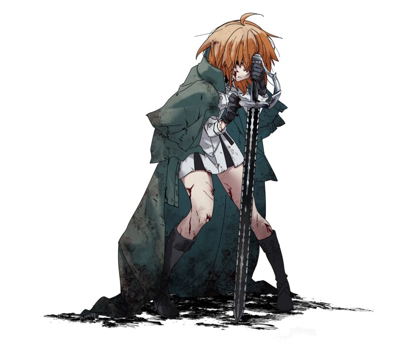 1girl ahoge black_boots blood blood_on_face boots dirty dirty_clothes edmond_dantes_(fate) fate/grand_order fate_(series) fujimaru_ritsuka_(female) fujimaru_ritsuka_(female)_(decisive_battle_chaldea_uniform) full_body highres holding holding_sword holding_weapon injury leaning_on_object orange_hair short_hair simple_background skirt solo standing sword weapon white_background yasoni82
