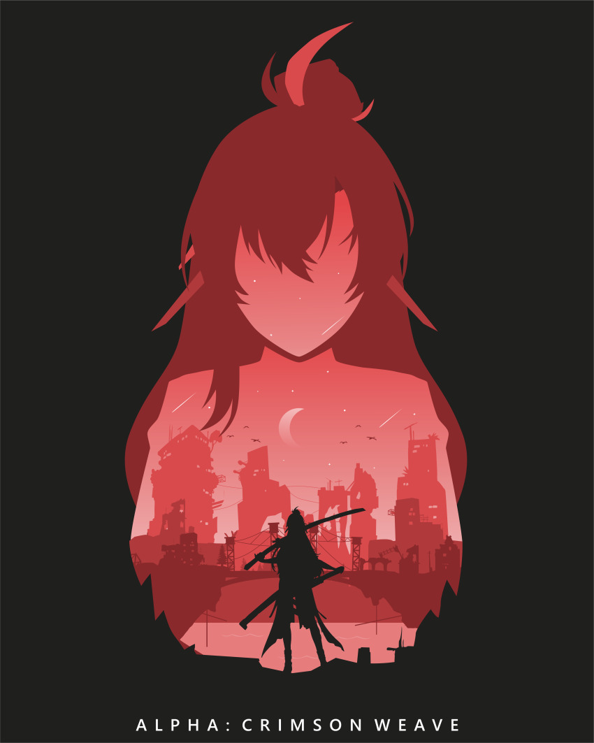 1girl absurdres alpha_(pgr) bridge building character_name commentary crescent_moon english_commentary facing_viewer grey_background hair_ornament highres holding holding_sword holding_weapon long_hair lucia:_crimson_weave_(pgr) minimalism monochrome moon ootachi over_shoulder punishing:_gray_raven red_theme rezami ruins scabbard second-party_source sheath silhouette solo standing sword sword_over_shoulder unsheathed water weapon weapon_over_shoulder