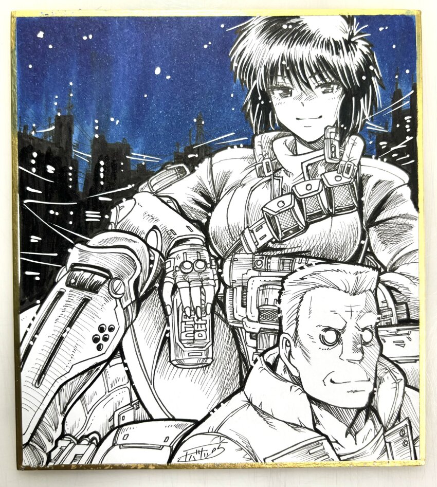 1boy 1girl artificial_eyes batou_(gits) can chiba_toshirou cityscape fingerless_gloves ghost_in_the_shell gloves highres holding holding_can jacket kusanagi_motoko looking_at_viewer night partially_colored photo_(medium) shikishi short_hair smile traditional_media