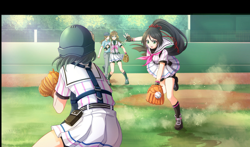 4girls arihara_tsubasa ball baseball baseball_(object) baseball_cap baseball_glove baseball_stadium baseball_uniform belt belt_buckle belt_pouch bike_shorts_under_skirt black_belt black_footwear black_gloves black_hair black_pouch black_shorts black_socks black_undershirt blue_eyes blue_hat blue_shirt bow brown_hair buckle catcher_(baseball) catching cinderella_series dust_cloud fingerless_gloves game_cg gloves green_eyes grey_pants hachigatsu_no_cinderella_nine hair_between_eyes hair_bow hair_ribbon hat high_ponytail highres holding holding_ball long_hair looking_at_object multiple_girls neckerchief non-web_source official_art open_mouth outdoors pants pink_neckerchief playing_sports pleated_skirt pointing pointing_at_another ponytail pouch red_ribbon ribbon satogahama_baseball_uniform shirt shirt_under_shirt short_sleeves shorts skirt socks sportswear striped_belt striped_clothes striped_shirt teeth tsukahara_shizuku umpire upper_teeth_only v-shaped_eyebrows vertical-striped_clothes vertical-striped_shirt wristband yellow_bow