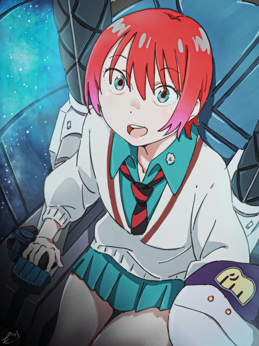 1girl amate_yuzuriha aqua_eyes cockpit collared_shirt colored_tips commentary dot_nose gundam gundam_gquuuuuux haro highres long_sleeves looking_at_viewer looking_up monodevil multicolored_hair necktie open_mouth pleated_skirt red_hair school_uniform shirt short_hair signature skirt solo star_(sky) striped_necktie sweater teeth two-tone_necktie upper_teeth_only