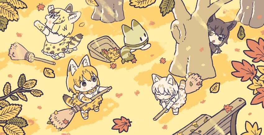 4girls ^_^ animal_ears animal_print autumn autumn_leaves bench black_hair black_serval_(kemono_friends) blonde_hair bow bowtie broom brown_hair cat_ears cat_girl cat_tail chibi closed_eyes closed_mouth commentary day elbow_gloves full_body gloves holding holding_broom jumping kemono_friends kemono_friends_3 kuro_shiro_(kuro96siro46) leaf looking_at_another looking_at_object lucky_beast_(kemono_friends) medium_hair multicolored_hair multiple_girls open_mouth orange_hair outdoors park_bench peeking_out scarf serval_(ex4)_(kemono_friends) serval_(kemono_friends) shirt skirt sleeveless sleeveless_shirt smile standing symbol-only_commentary tail thighhighs white_serval_(kemono_friends)