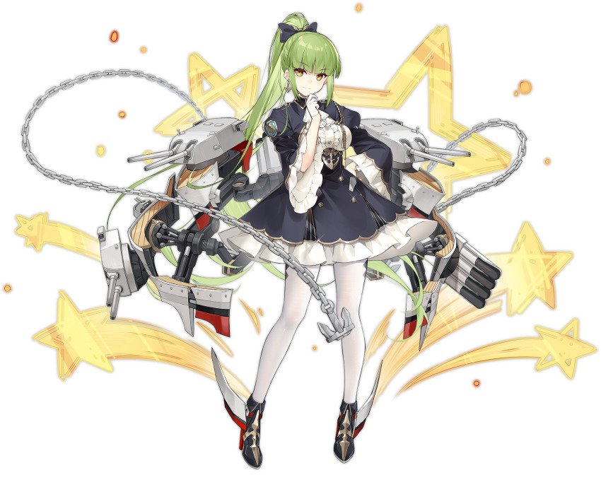 1girl azur_lane bow gloves green_hair hair_bow highres long_hair looking_at_viewer official_alternate_costume official_art pantyhose ponytail retrofit_(azur_lane) rigging shi-chen ship_turret shropshire_(azur_lane) shropshire_(retrofit)_(azur_lane) standing torpedo transparent_background white_gloves white_pantyhose yellow_eyes