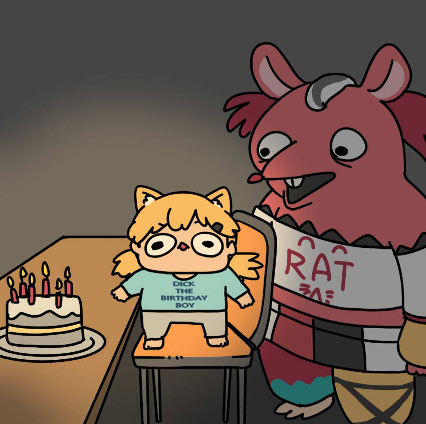 2girls :v afei_(sfma3248) animal_ears billy_bob_brockali billy_bob_brockali_(cosplay) birthday birthday_cake black_hair blonde_hair blue_shirt cake cat_ears chair chibi clothes_writing commentary_request cosplay crossover food girls&#039;_frontline grey_background grey_pants hair_ornament hairclip hakos_baelz hakos_baelz_(rat) highres hololive hololive_english idw_(girls&#039;_frontline) light looking_at_viewer mixed-language_commentary mouse_ears mouse_girl multicolored_hair multiple_girls on_chair open_mouth pants red_hair redlettermedia shirt showbiz_pizza_place simple_background size_difference standing standing_on_chair streaked_hair table twintails virtual_youtuber white_hair