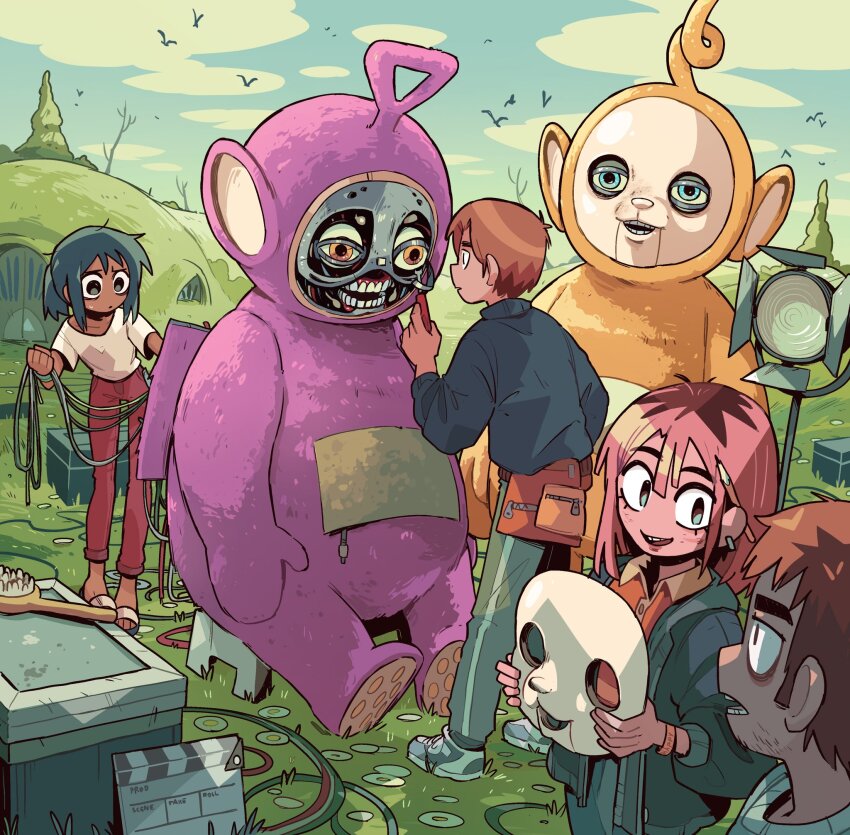 2boys 2girls bird blue_eyes blue_jacket blue_sky box bracelet brown_hair cable carles_dalmau clapperboard cloud commentary earclip english_commentary grass green_hair green_pants hair_brush highres holding holding_cable holding_mask horror_(theme) jacket jewelry laa-laa long_sleeves looking_at_another maintenance mask medium_hair multiple_boys multiple_girls open_clothes open_jacket open_mouth orange_eyes orange_shirt outdoors pants pencil_behind_ear pink_hair ponytail pouch red_pants robot sandals shirt shoes short_hair sky smile sneakers spotlight stool sweatdrop t-shirt teletubbies tinky_winky unworn_mask white_footwear worried