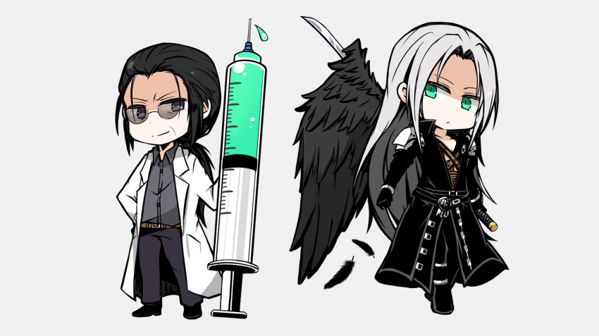 2boys armor black_coat black_feathers black_gloves black_hair black_pants black_wings chest_strap chibi coat collared_shirt falling_feathers father_and_son feathered_wings feathers final_fantasy final_fantasy_vii final_fantasy_vii_remake furrowed_brow gloves green_eyes grey_background grey_eyes grey_hair grey_shirt hand_on_own_hip highres holding holding_sword holding_syringe holding_weapon lab_coat large_syringe long_coat long_hair low_ponytail male_focus masamune_(ff7) multiple_boys nanao_(zonzonsh) oversized_object pants parted_bangs ponytail professor_houjou sephiroth shirt shoulder_armor single_wing slit_pupils smile sword syringe weapon white_coat wings