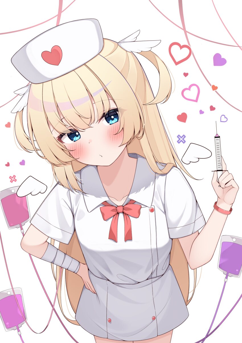 1girl absurdres alternate_costume bandaged_arm bandages blonde_hair blue_eyes blush bow bowtie collared_shirt commentary_request cowboy_shot eyes_visible_through_hair hair_between_eyes hair_ornament hair_over_shoulder hand_on_own_hip hand_up hat head_tilt heart heart_print highres holding holding_syringe intravenous_drip long_hair looking_at_viewer nurse nurse_cap puckered_lips red_bow red_bowtie shirayuki_noa shirt sidelocks simple_background skirt solo straight_hair syringe tenshi_souzou_re-boot! two_side_up very_long_hair white_background white_hat white_shirt white_skirt wing_hair_ornament yosh1na