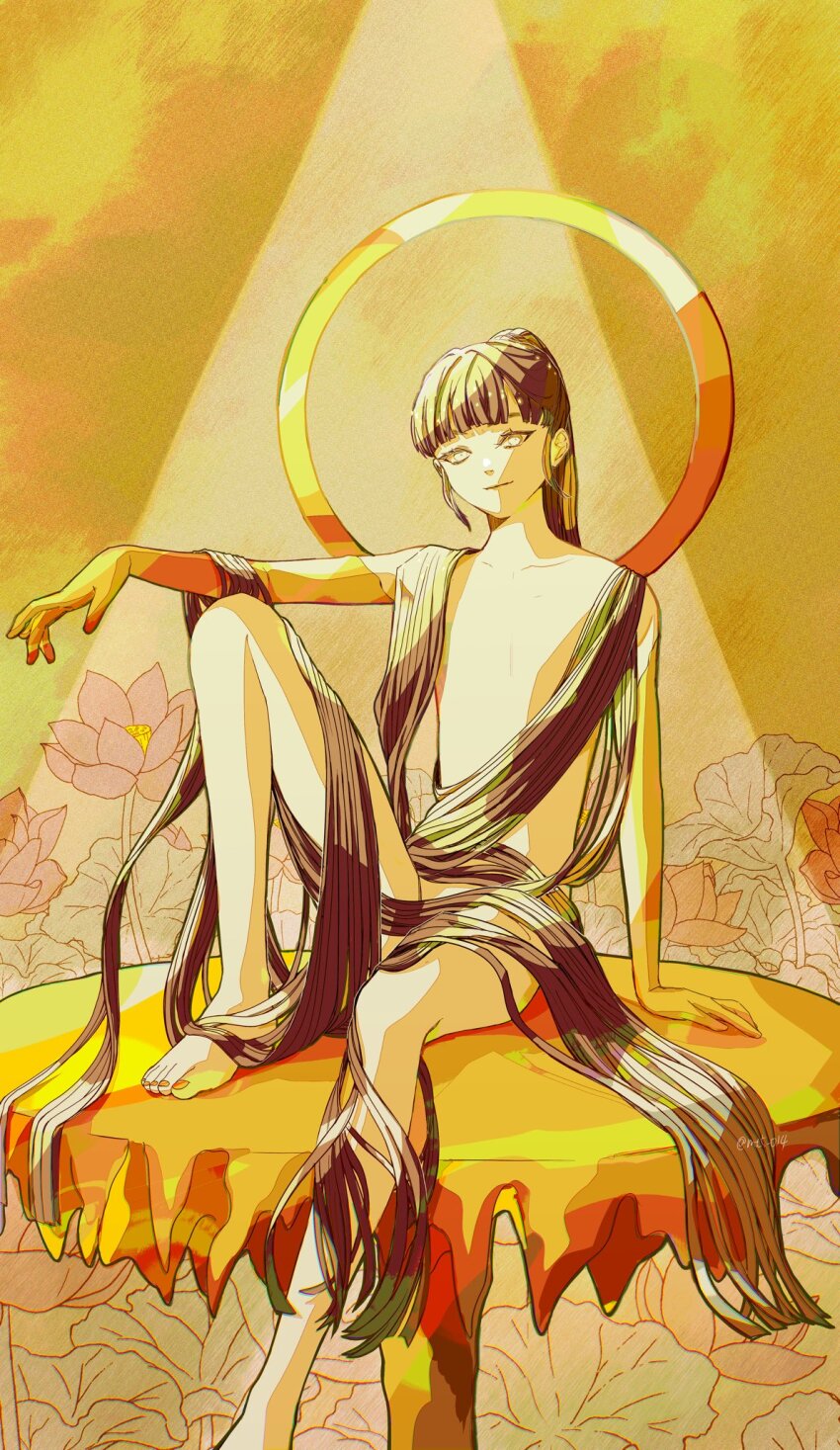 1other arm_rest blue_hair colored_skin completely_nude golden_arms hair_flowing_over halo halo_behind_head high_ponytail highres houseki_no_kuni light_smile long_hair looking_at_viewer mt5_014 nude other_focus phosphophyllite phosphophyllite_(ll) ponytail sitting solo straight_hair very_long_hair white_skin yellow_theme