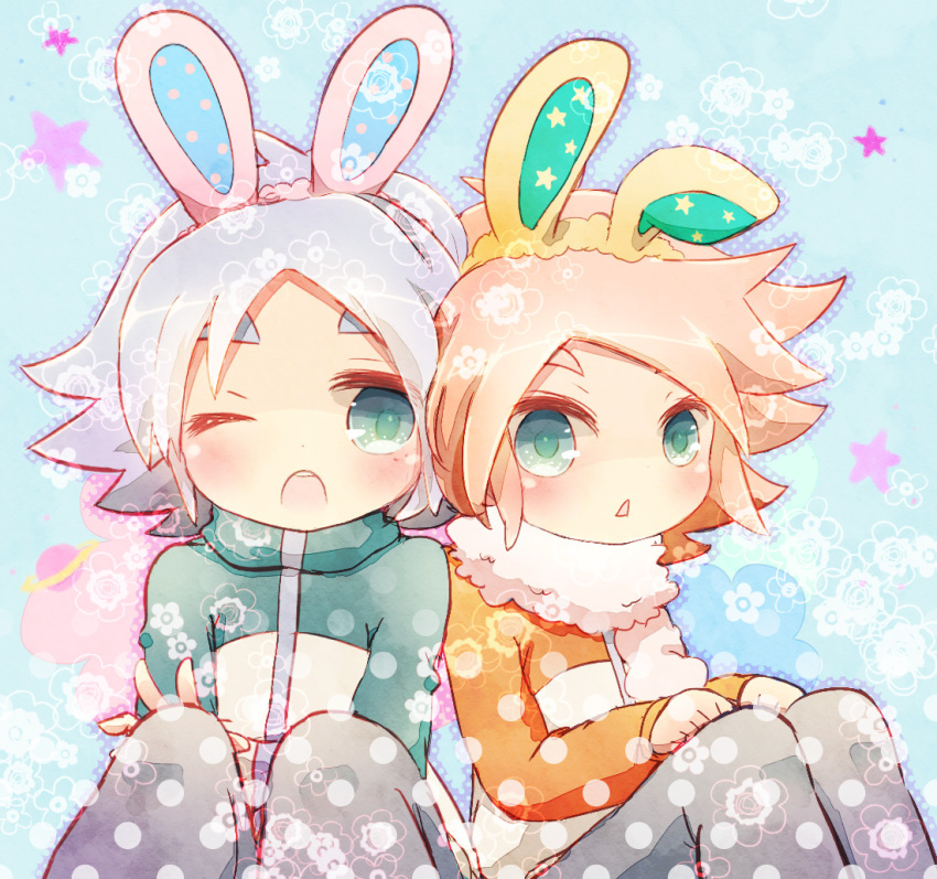 2boys animal_ears bad_id bad_pixiv_id brothers rabbit_ears fubuki_atsuya fubuki_shirou inazuma_eleven inazuma_eleven_(series) male_focus multiple_boys open_mouth siblings sitting star_(symbol) wince yoshida_(nono_ko)