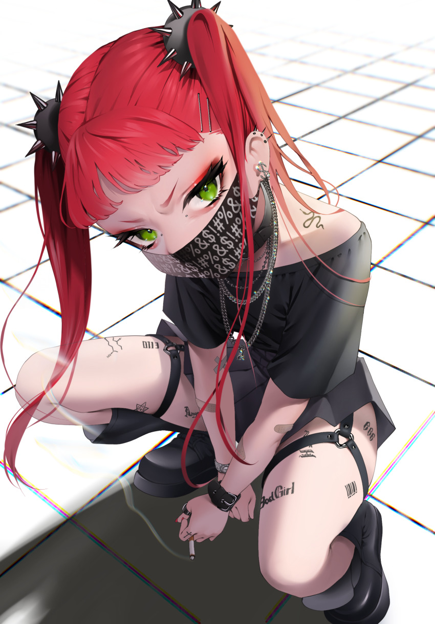 1girl bandaid barcode barcode_tattoo bare_shoulders bitaro black_boots black_shirt black_skirt boots chain cigarette ear_piercing eyeliner green_eyes hair_ornament hairclip highres holding holding_cigarette jewelry long_hair makeup mask miniskirt mouth_mask nail_polish off-shoulder_shirt off_shoulder original piercing red_hair red_nails ring shirt skirt solo spikes squatting tattoo twintails wrist_cuffs