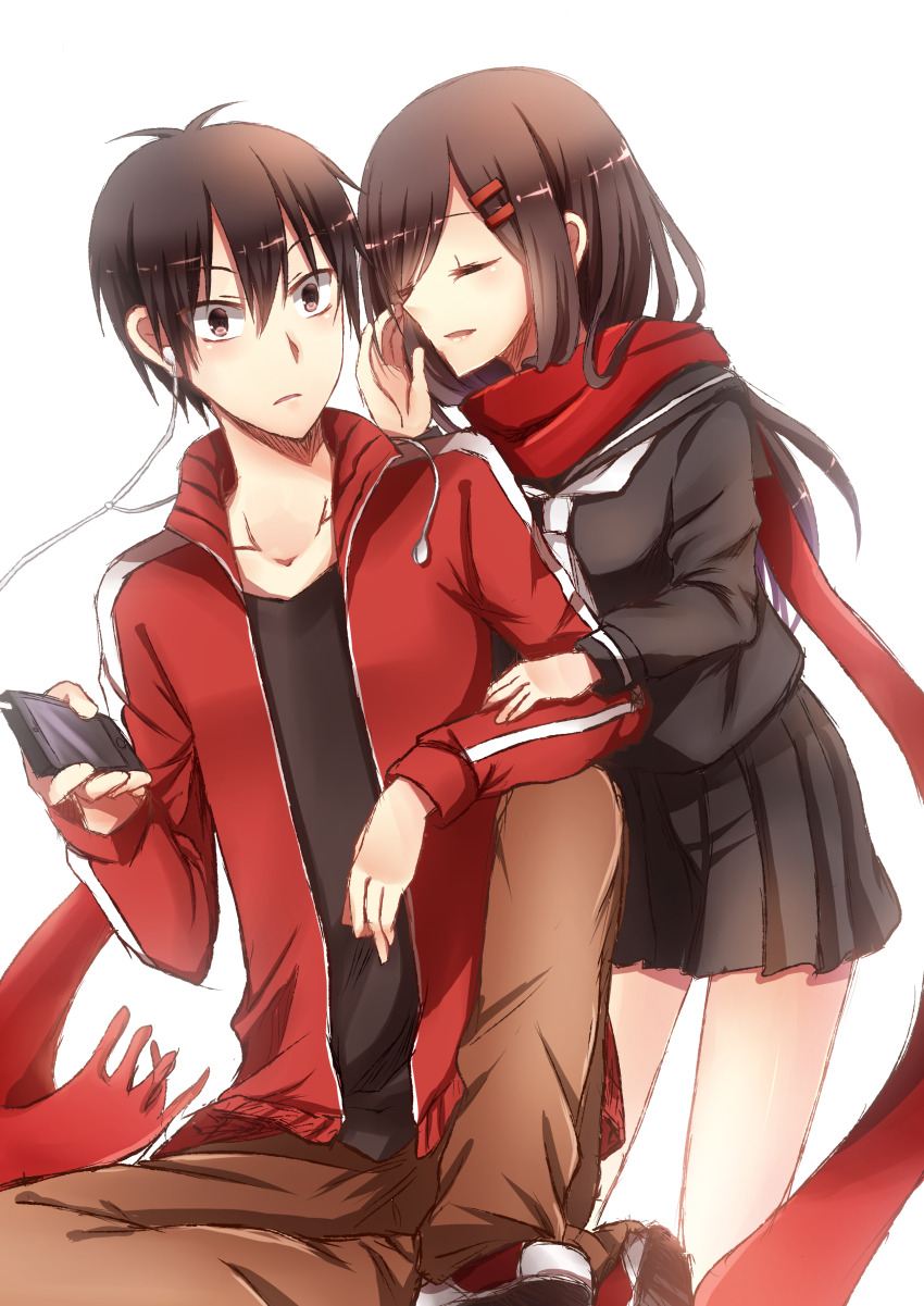 1boy 1girl absurdres object_behind_ear black_eyes black_hair black_sailor_collar black_serafuku black_shirt black_skirt brown_hair brown_pants cellphone closed_eyes collarbone crossed_ankles enpera hair_between_eyes hair_ornament hairpin highres holding holding_another&#039;s_arm holding_phone jacket kagerou_project kisaragi_shintarou kneeling long_hair long_sleeves looking_at_another looking_at_viewer mekakucity_actors multiple_hairpins neckerchief nishijou_myu open_clothes open_jacket pants phone pleated_skirt red_footwear red_jacket red_scarf sailor_collar scarf school_uniform serafuku shirt short_hair simple_background single_earphone_removed sitting skirt sleeve_cuffs surprised t-shirt tateyama_ayano track_jacket two-tone_footwear whispering white_background white_footwear white_neckerchief wide-eyed