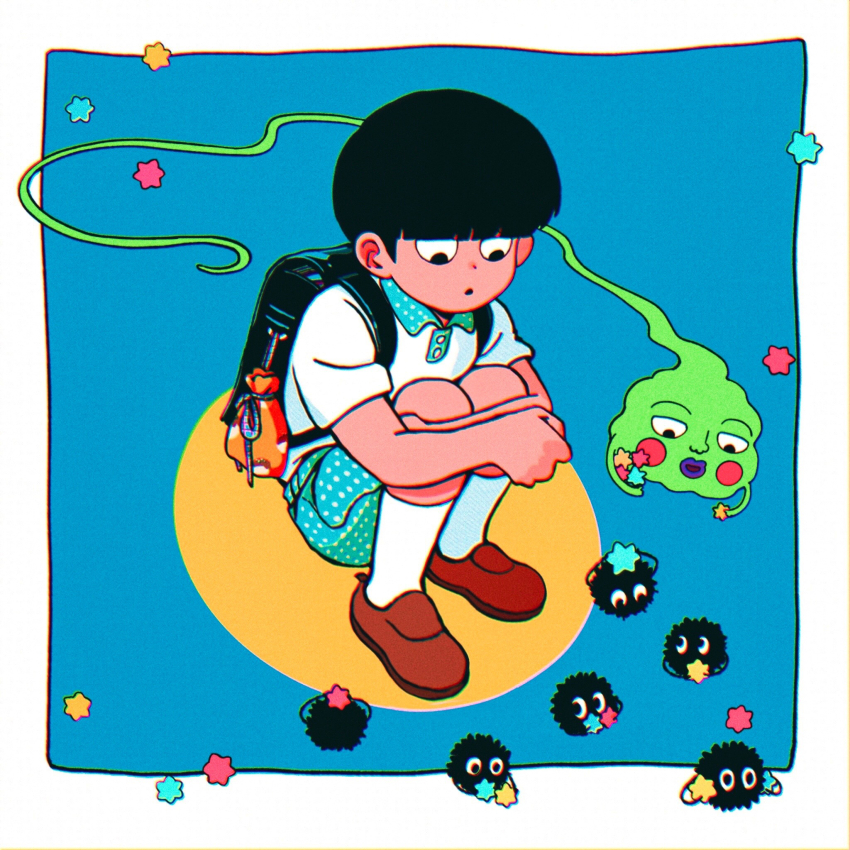 1boy backpack bag black_eyes black_hair blue_background border bowl_cut brown_footwear character_request child chromatic_aberration cm_wm commentary_request ekubo_(mob_psycho_100) full_body highres kageyama_shigeo knees_up male_focus mob_psycho_100 outside_border shirt shoes short_hair short_sleeves simple_background sitting socks spirit susuwatari white_border white_shirt white_socks