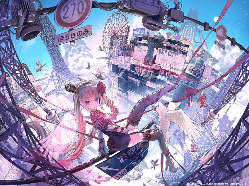 6+boys 6+girls aqua_hair artist_name bird black_hair black_legwear blonde_hair blue_eyes broom broom_riding cloud drill_hair ferris_wheel flower full_moon garter_straps hair_flower hair_ornament high_heels jacket john_hathway long_hair moon multiple_boys multiple_girls original parrot pink_hair school_uniform serafuku short_hair single_shoe sitting smile solo_focus statue_of_liberty thighhighs twin_drills twintails vacuum_tube very_long_hair watermark wings