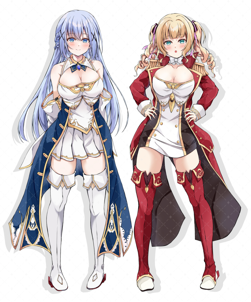 2girls aged_up azur_lane bikini blonde_hair blush boots breasts character_request cleavage cleavage_cutout clothing_cutout cosplay dairyo3 drill_hair full_body gochuumon_wa_usagi_desu_ka? grey_bikini highres kafuu_chino large_breasts looking_at_viewer military_uniform multiple_girls naval_uniform nelson_(azur_lane) nelson_(azur_lane)_(cosplay) rodney_(azur_lane) rodney_(azur_lane)_(cosplay) simple_background sleeveless smile swimsuit thigh_boots veil white_veil