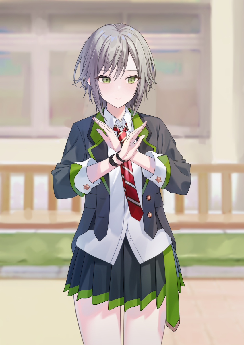 1girl absurdres black_skirt closed_mouth collared_shirt cowboy_shot crossed_hands green_eyes grey_hair grey_jacket highres hinomori_shiho jacket long_sleeves looking_to_the_side miniskirt necktie open_clothes open_jacket pleated_skirt project_sekai school_uniform shirt short_hair skirt solo timmoo white_shirt wristband